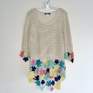 Boho Open Knit Crochet Top M Longline Cover Up Floral Festival Hi Low Hem Tan